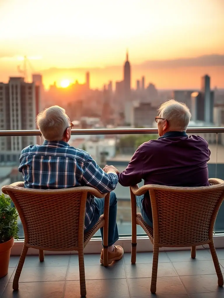 Ein Bild eines älteren Paares, das entspannt auf einem Balkon sitzt und in die Zukunft blickt. Das Paar gehört der LGBTQ+ Community an und genießt seinen finanziell unabhängigen Ruhestand.