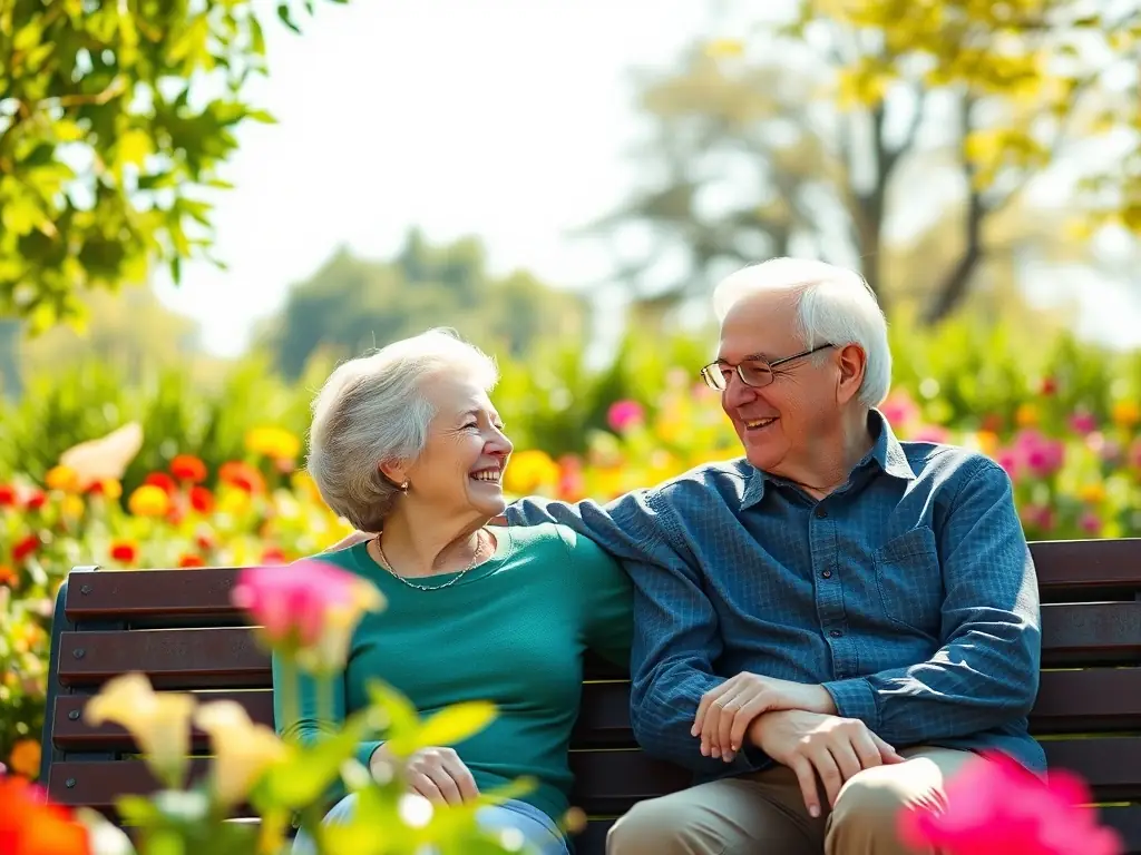 A senior couple smiling and relaxed, enjoying their retirement, with a subtle rainbow flag in the background, symbolizing financial security and inclusivity.